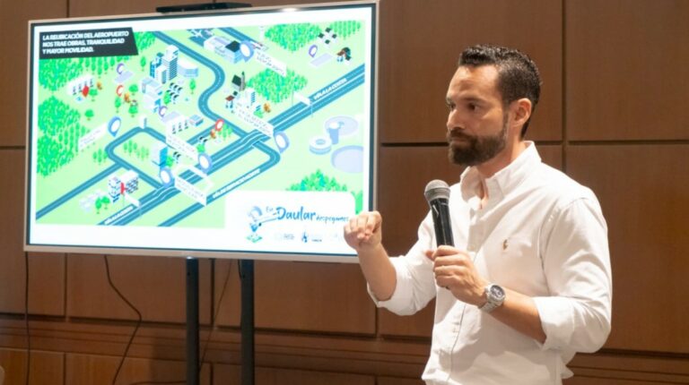 Pablo Pita, gerente general de la Autoridad Aeroportuaria de Guayaquil, junto a un gráfico de los proyectos de entramado vial previstos para la vía a la Costa, complementarios a una nueva autopista.