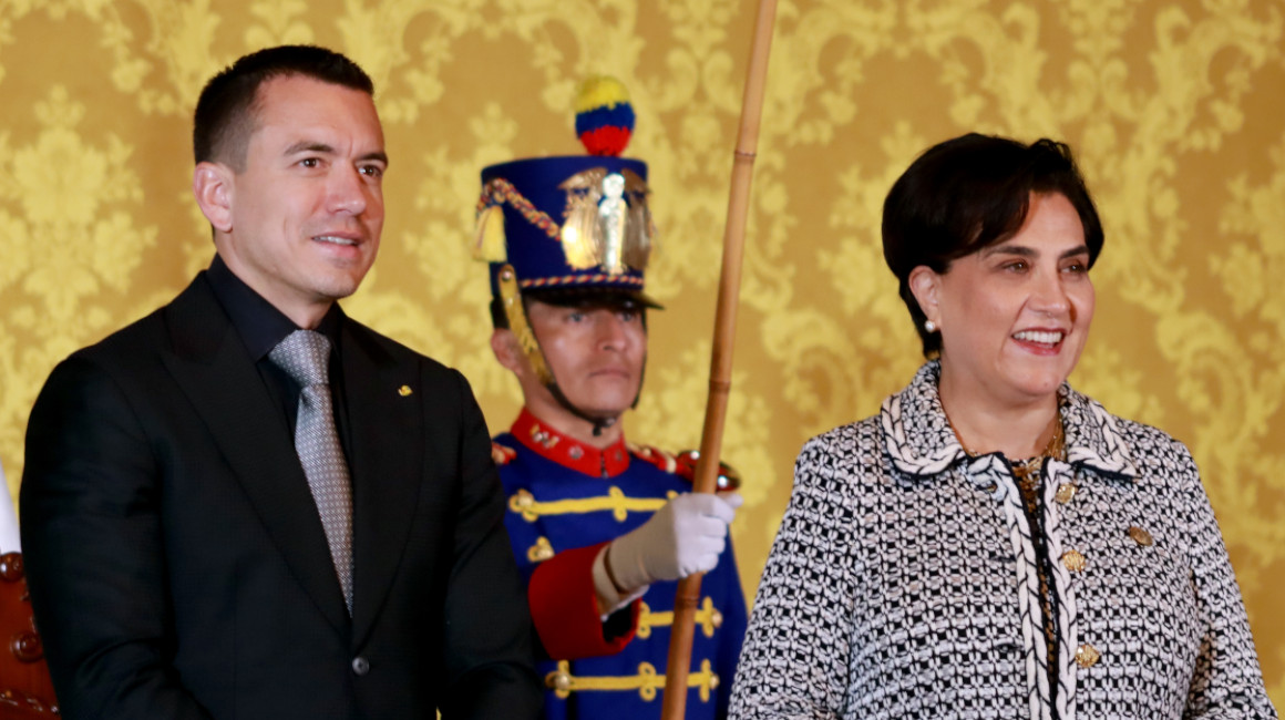 El presidente Daniel Noboa y la canciller Gabriela Sommerfeld en Quito, el 06 de febrero de 2024.