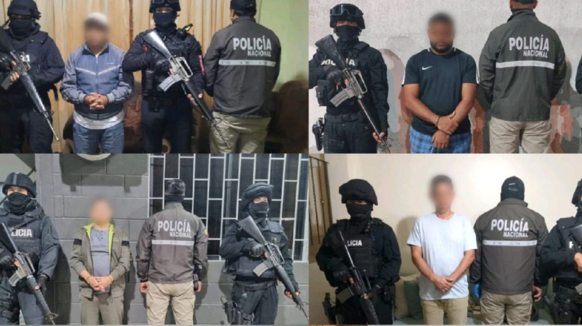 Los detenidos durante el operativo contra una organización de la mafia albanesa que se dedicaba al narcotráfico en Ecuador, el 6 de febrero de 2024.