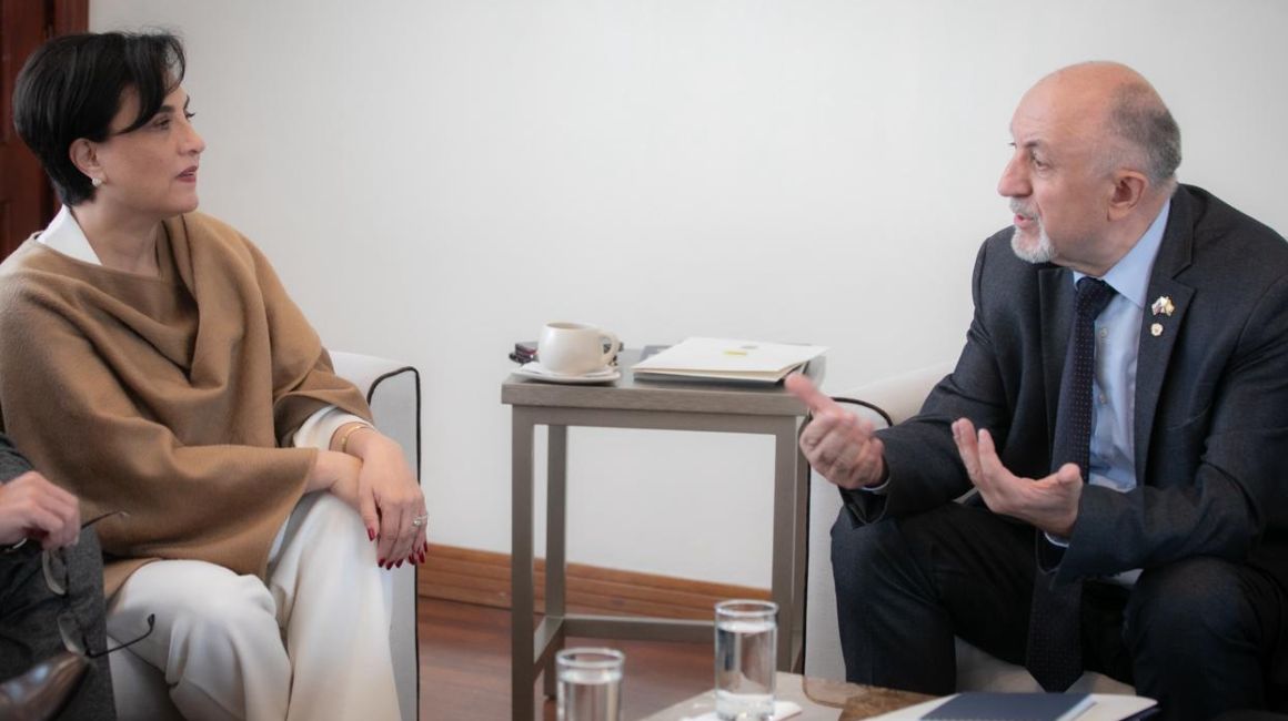 La canciller de Ecuador, Gabriela Sommerfeld, y el embajador de Rusia, Vladimir Sprinchan, en una reunión el 5 de febrero de 2024.