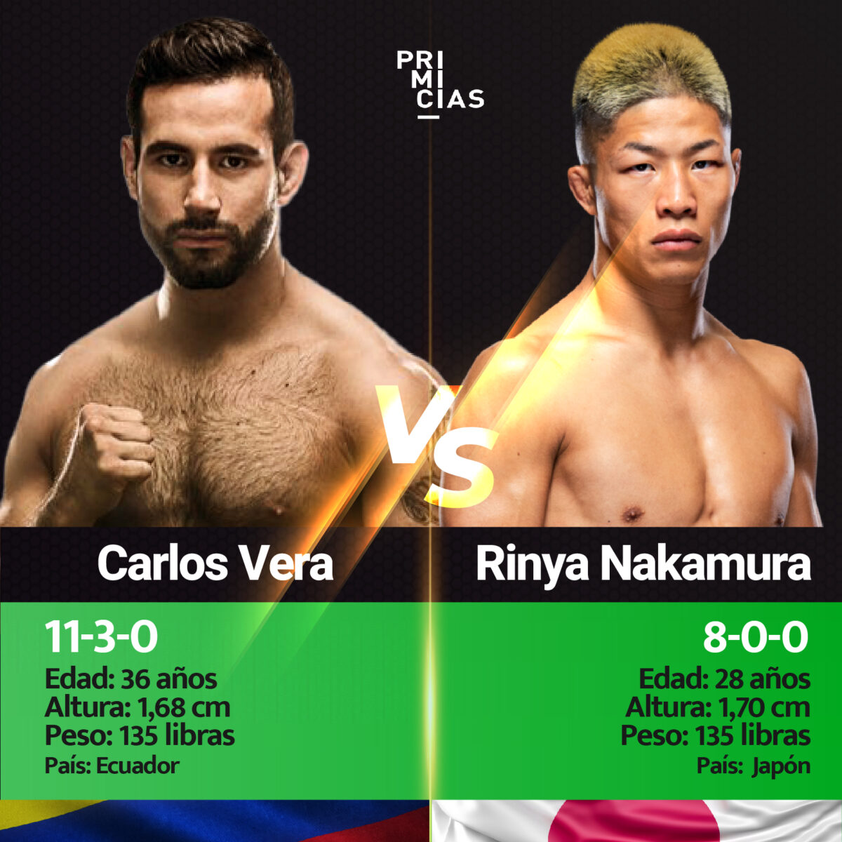 Ficha técnica de Carlos Vera y Rinya Nakamura para su pelea del 17 de febrero de 2024.
