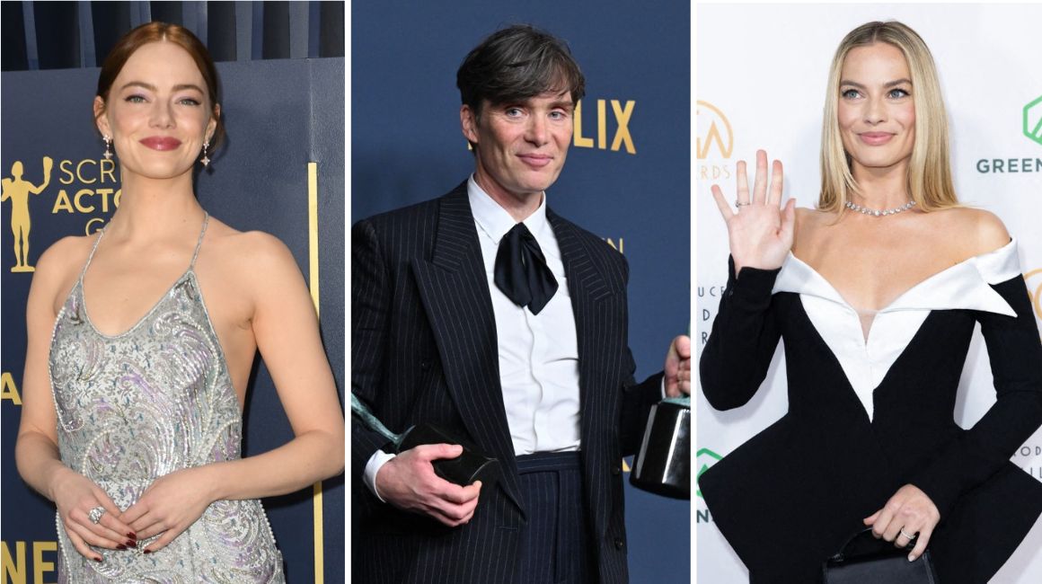Emma Stone (izq), Cillian Murphy y Margot Robbie, protagonistas en películas nominadas en los premios Oscar 2024.
