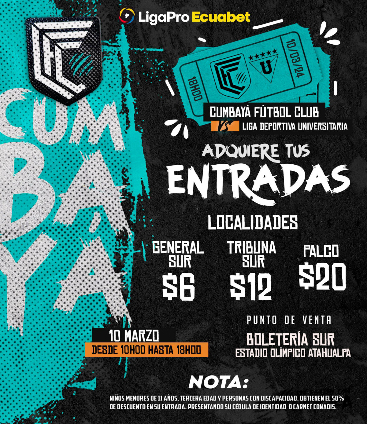 Afiche con los precios de las entradas de Cumbayá vs. Liga de Quito.