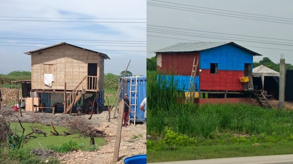 Una casa de caña en terrenos de los que se habrían apropiado Fausto Alarcón y Pablo Muentes en la vía Durán-Tambo, antes y después de una allanamiento a la vivienda por presuntos 