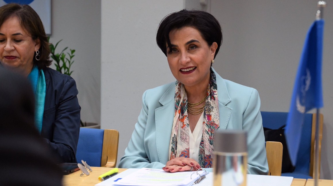 La canciller de Ecuador, Gabriela Sommerfeld, en una reunión con la IAEA.