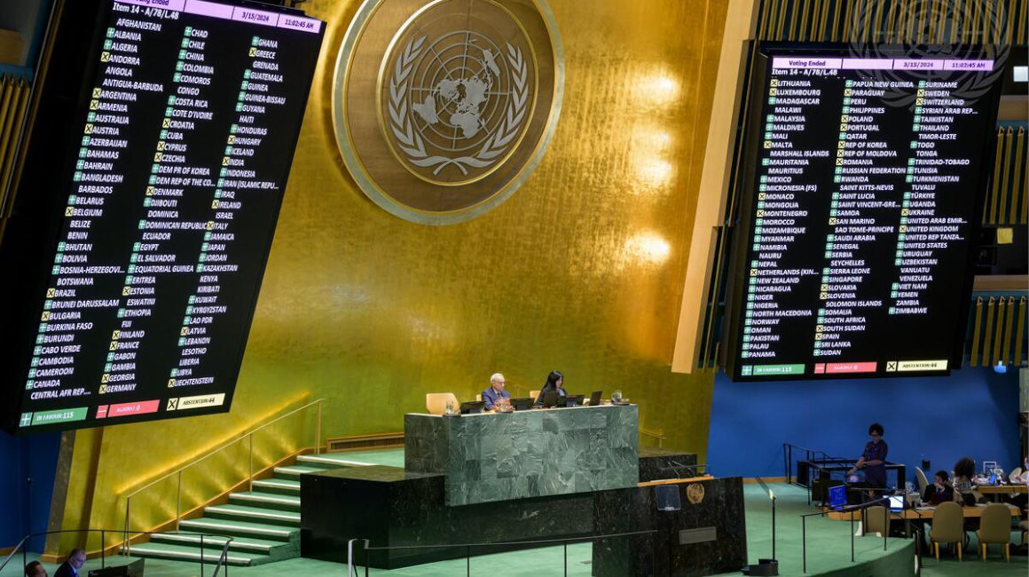 Sesión de las Naciones Unidas del 15 de marzo de 2024, en Nueva York, donde Ecuador no pudo votar por no cumplir sus cuotas para el sistema.