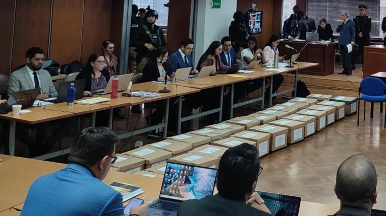 La audiencia para tomar el testimonio anticipado de Mayra Salazar se instaló en una sala de la Corte Nacional de Justicia, en Quito, el 28 de marzo de 2024.