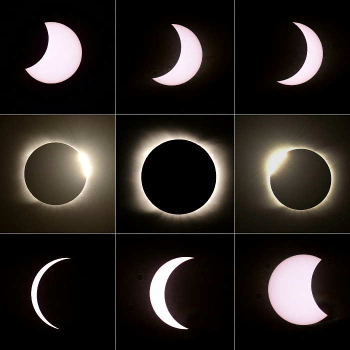 Etapas de un eclipse solar total visto desde la Antártida, en diciembre de 2021.
