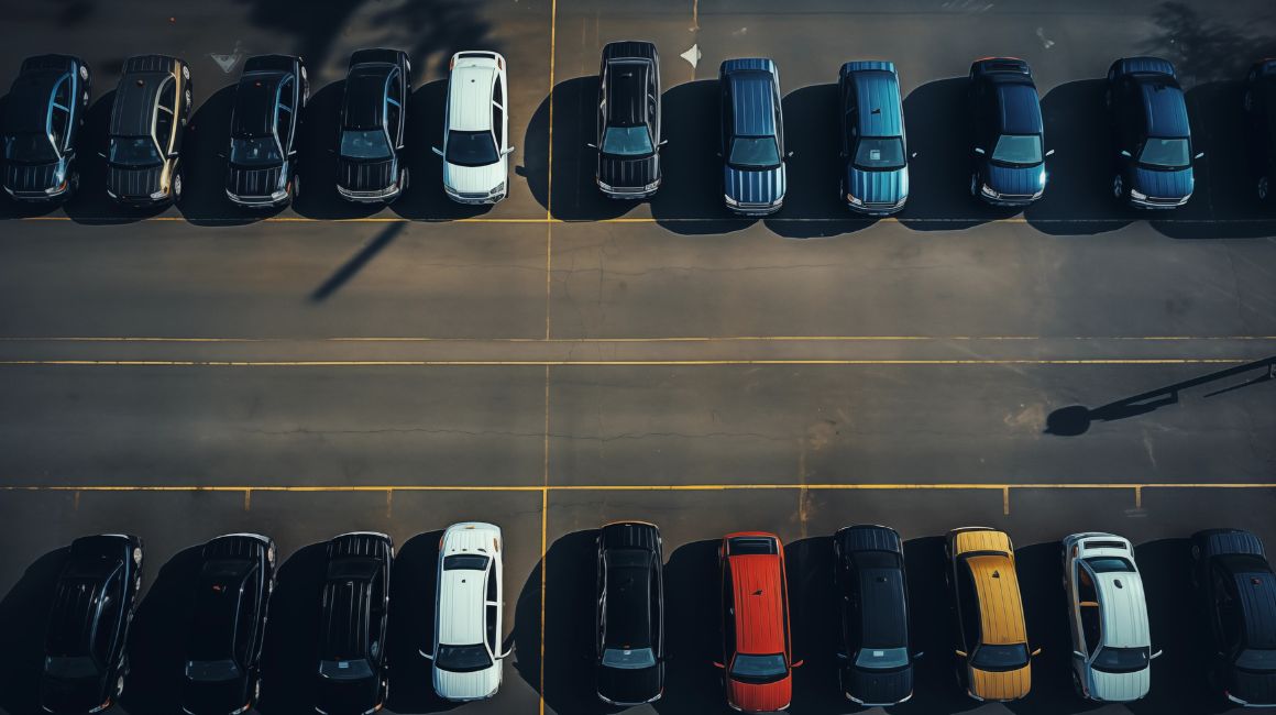 Fotografía cenital de autos en un estacionamiento de diferentes colores.