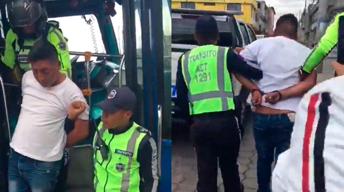 Dos agentes de tránsito detienen a un chofer ebrio en Quito, el 7 de abril de 2024.