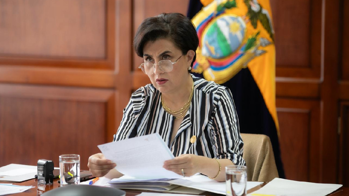 La canciller de Ecuador, Gabriela Sommerfeld, vía telemática participó de reunión de Celac el 9 de abril de 2024.