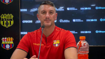Germán Corengia, durante una rueda de prensa con Barcelona SC, el 12 de abril de 2024.