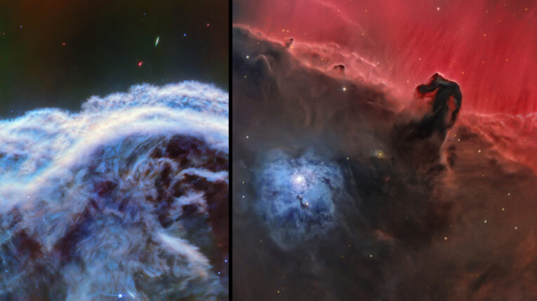 Imagen frontal donde se observa una parte de la nebulosa 'Cabeza de Caballo', captada por el telescopio James Webb. A la derecha, otra imagen de la nebulosa.