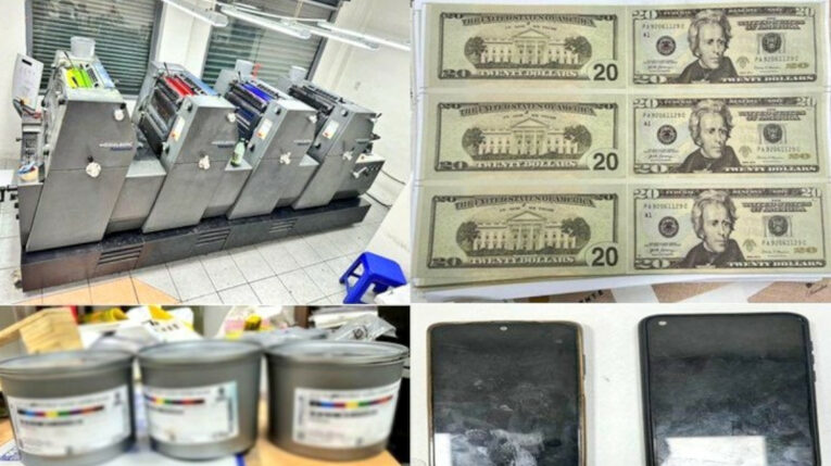 Dólares falsos y otras evidencias halladas en una vivienda en el centro de Quito, el 1 de mayo de 2024.