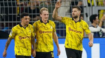 Jugadores del Borussia Dortmund celebrando su gol en la semifinal de la Champions League, 1 de mayo de 2024.