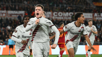 Florian Wirtz celebra su gol ante Roma, por la semifinal de ida de Europa League, este 2 de mayo de 2024.