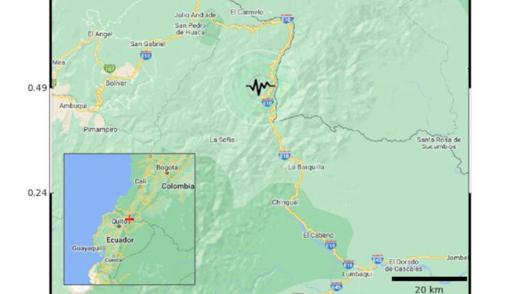 Localización en el mapa de Ecuador del sismo reportado en Carchi, este 7 de mayo de 2024.