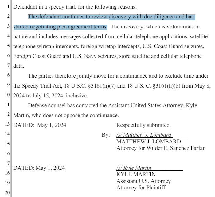 Captura de pantalla de la moción conjunta de Estados Unidos y los abogados de 'Gato Farfan' para postergar la audiencia previa al juicio.