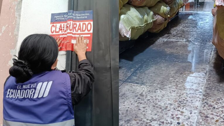 Una funcionaria de la Arcsa coloca un sello de clausura en una fábrica de snacks en Cuenca, el 15 de mayo de 2024.