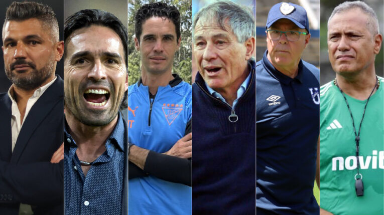 Los entrenadores Javier Gandolfi, Gerardo Espinosa, Josep Alcácer, Ariel Holan, Jorge Célico y Hernán Torres, durante la Etapa 1 de la LigaPro 2024.