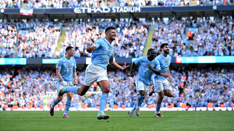 Rodri y sus compañeros celebran un gol del Manchester City ante el West Ham United, el 19 de mayo de 2024.