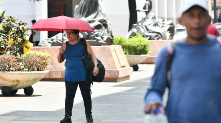Una mujer con un paraguas cubriéndose del sol.