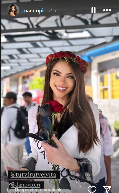 Mara Topic, candidata a Miss Universo Ecuador 2024, durante su visita a Ambato.