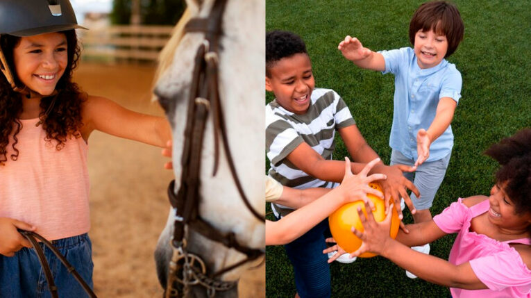 Imagen referencial de niños junto a caballos y jugando entre amigos.