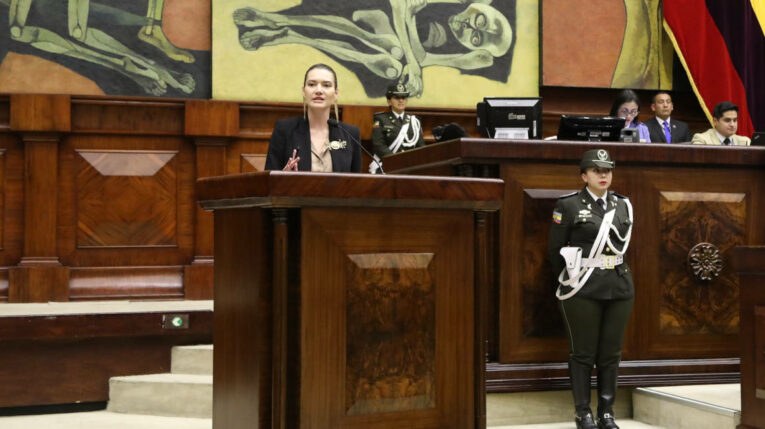 La ministra de Ambiente, Sade Fristchi, en el Pleno de la Asamblea. Quito, 28 de mayo de 2024
