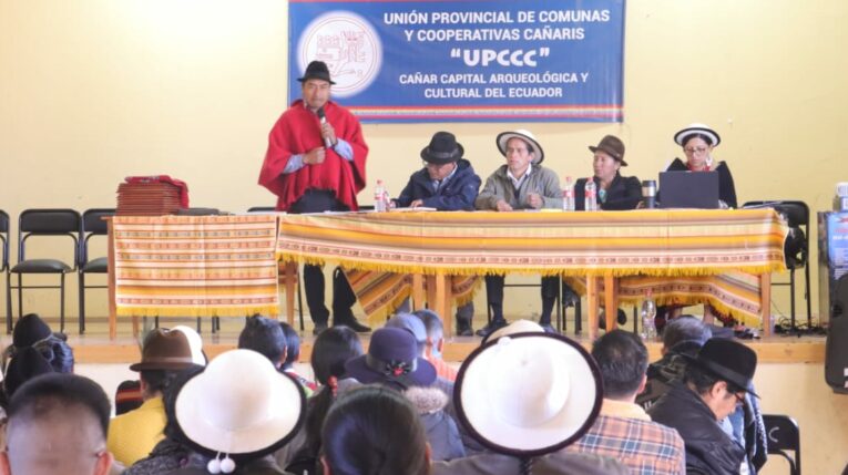 Leonidas Iza, presidente de la Conaie, en un evento sobre cooperativas indígenas en Cañar, el 1 de junio.
