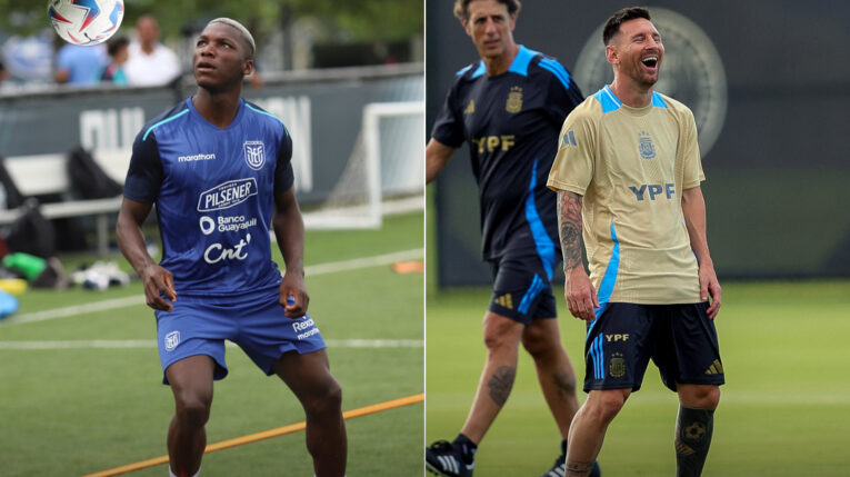 Moisés Caicedo, de Ecuador, y Lionel Messi, de Argentina, durante los entrenamientos de sus selecciones en Estados Unidos, en junio de 2024.