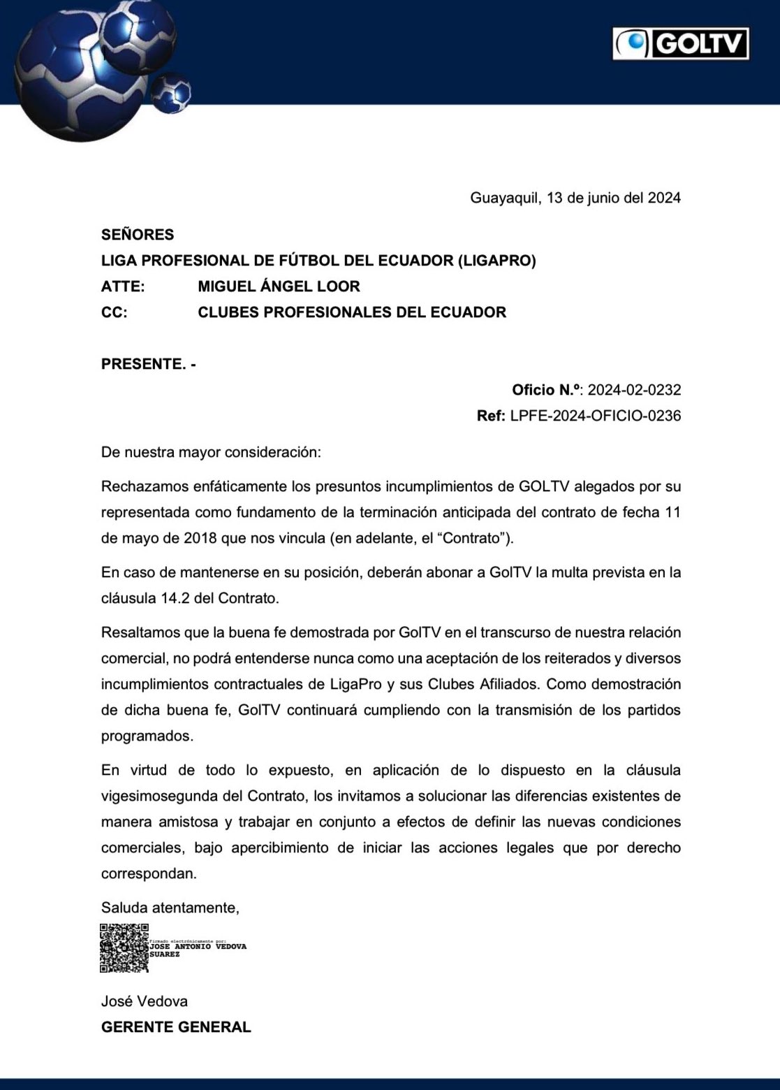 Carta GolTV a LigaPro