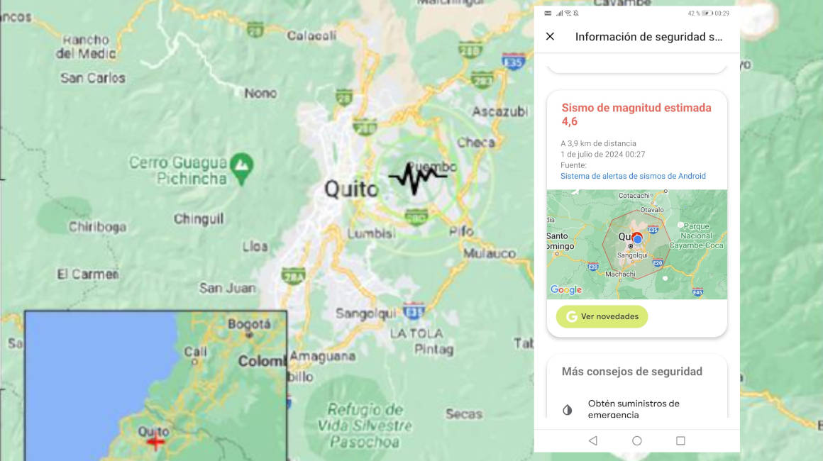 Imagen referencial de la alerta de Android por el sismo registrado en Quito el 1 de julio de 2024.