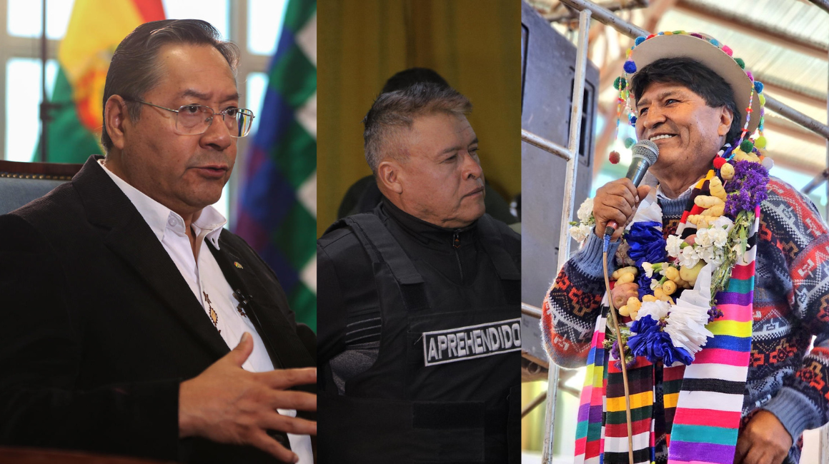 Collage del presidente de Bolivia, Luis Arce (izq.), el ex general Juan José Zúñiga (centro), y el expresidente boliviano, Evo Morales (der.(