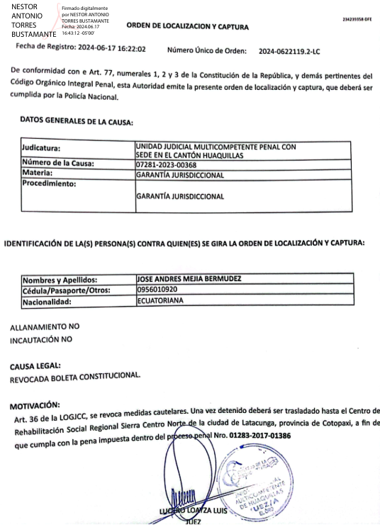 Boleta de localización y captura en contra de alias 'San Andrés', firmada por el juez Luis Lucero, el 17 de junio de 2024.