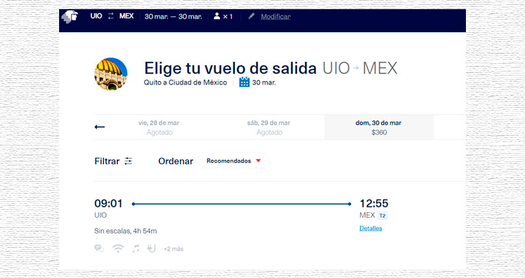 Captura de pantalla de la reserva de un vuelo de Aeroméxico en marzo de 2025.
